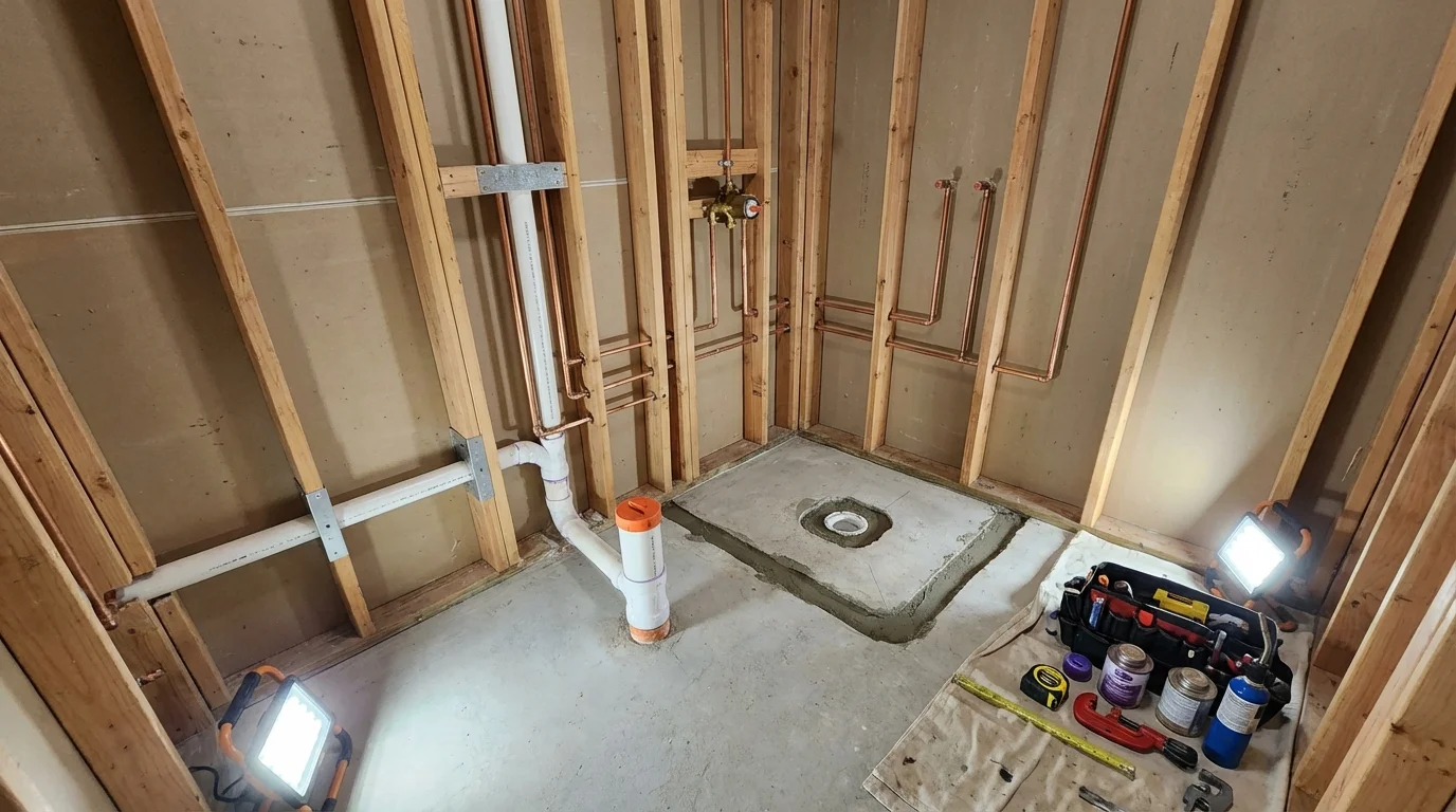 Bathroom rough-in plumbing during remodel by Johns Plumbing LLC in Buzzards Bay