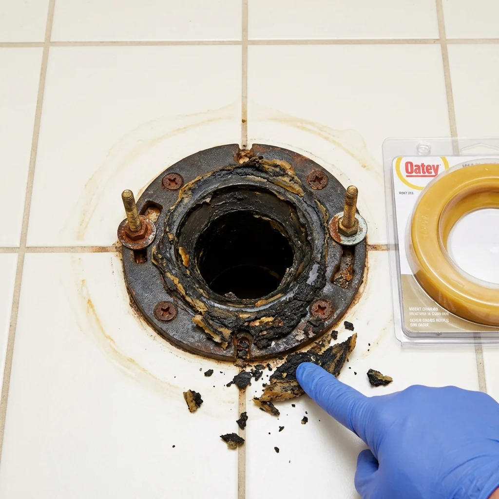 Failed wax ring showing water seepage at the base of a toilet in a Buzzards Bay, MA home