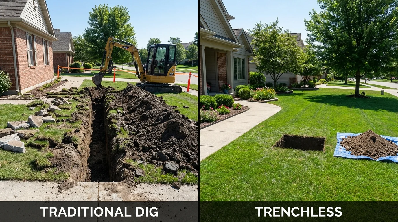 Trenchless sewer repair with minimal yard damage versus traditional excavation in Buzzards Bay, MA